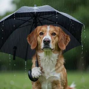 AI画像 雨の中で傘を差している犬