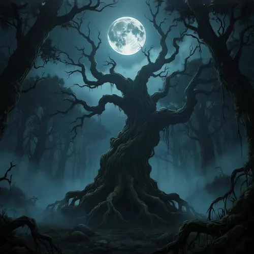 フリーAI画像, CC0 AI画像, イラスト（AI画像）, 風景（AI画像）, 自然, 森林, 樹木, 枯木, 夜, 月, 満月