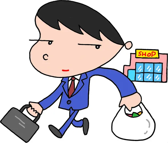 フリーイラスト, CC0 イラスト, 人物（イラスト）, 男性（イラスト）, ビジネス, ビジネスマン, サラリーマン, 仕事, 職業, メンズスーツ, 買い物（ショッピング）, 帰宅