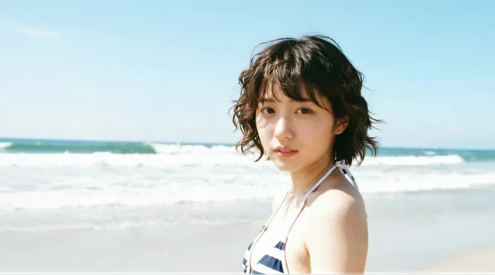 フリーAI画像, CC0 AI画像, 写真（AI画像）, 人物（AI画像）, 女性（AI画像）, アジア人女性, 若い女性, ポートレイト, 水着姿, ビキニ姿, 砂浜（ビーチ）, 海, 海水浴, 夏（AI画像）