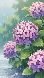 AI画像 雨の中のあじさいの花
