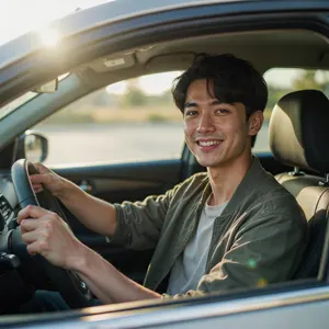 AI画像 自動車のハンドルを握るアジア人男性