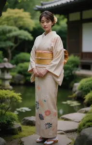 AI画像 着物姿で庭に立つ日本人女性
