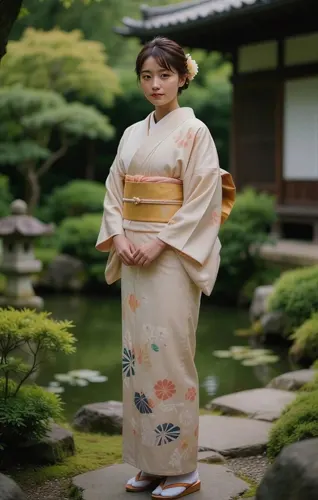 フリーAI画像, CC0 AI画像, 写真（AI画像）, 人物（AI画像）, 女性（AI画像）, アジア人女性, 若い女性, ポートレイト, 日本人, 和服姿, 着物, 全身（AI画像）, 日本庭園