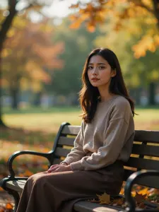AI画像 秋の公園のベンチに座るアジア人女性