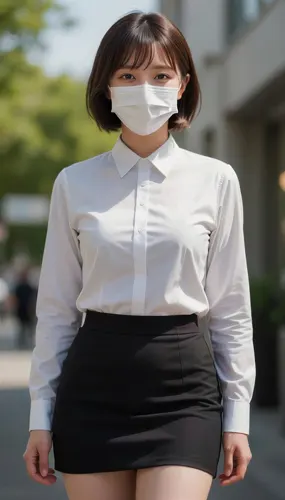 フリーAI画像, CC0 AI画像, 写真（AI画像）, 人物（AI画像）, 女性（AI画像）, アジア人女性, 若い女性, ポートレイト, 衛生マスク, ビジネスウーマン, オフィスレディ（OL）, ブラウス姿, ミニスカート姿