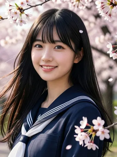フリーAI画像, CC0 AI画像, 写真（AI画像）, 人物（AI画像）, 少女（写真）, アジアの少女, ポートレイト, 学生（生徒）, 学生服, 高校生, セーラー服, 人と花, 桜（サクラ）, 春（AI画像）