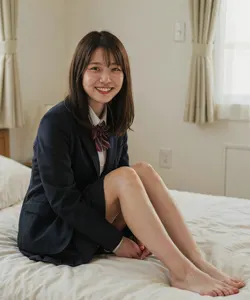 AI画像 裸足でベッドの上に座る女子学生