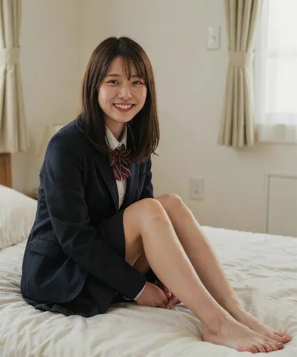 フリーAI画像, CC0 AI画像, 写真（AI画像）, 人物（AI画像）, 少女（写真）, アジアの少女, ポートレイト, 学生（生徒）, 学生服, 高校生, ブレザー（制服）, ベッドに座る