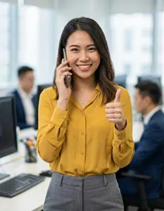 AI画像 スマホで通話しながらグーサインの女性会社員