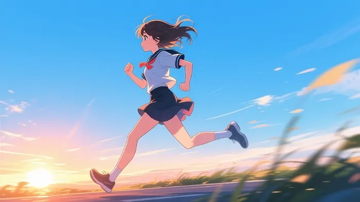 フリーAI画像, CC0 AI画像, イラスト（AI画像）, 人物（AI画像）, 少女（写真）, 学生（生徒）, 学生服, 高校生, セーラー服, 中学生, 走る, 朝日, 横顔