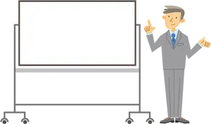 フリーイラスト ホワイトボードの前でプレゼン中の男性会社員