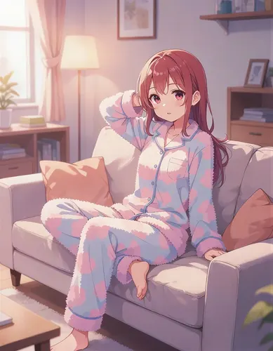 フリーAI画像, CC0 AI画像, イラスト（AI画像）, 人物（AI画像）, 少女（AI画像）, ソファーに座る, パジャマ姿