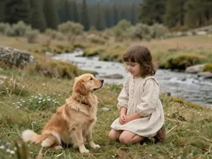 AI画像 川の側にいる女の子と犬