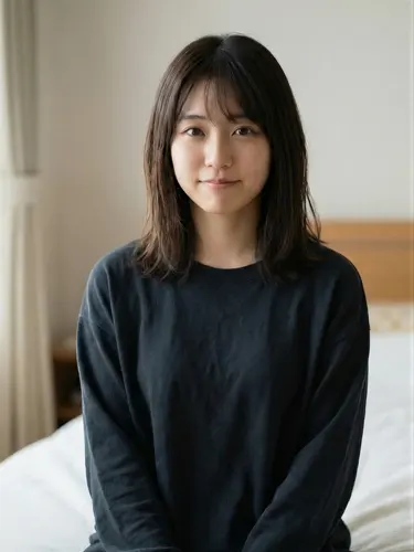 フリーAI画像, CC0 AI画像, 写真（AI画像）, 人物（AI画像）, 女性（AI画像）, アジア人女性, 若い女性, ポートレイト, ベッドに座る, トレーナー姿