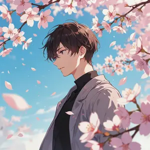 AI画像 桜の花と横を向いた男性