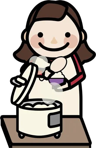 フリーイラスト, CC0 イラスト, ベクター, EPS, 人物（イラスト）, 女性（イラスト）, 中年女性, 主婦, 主婦（49）, 調理, ご飯, 炊飯器