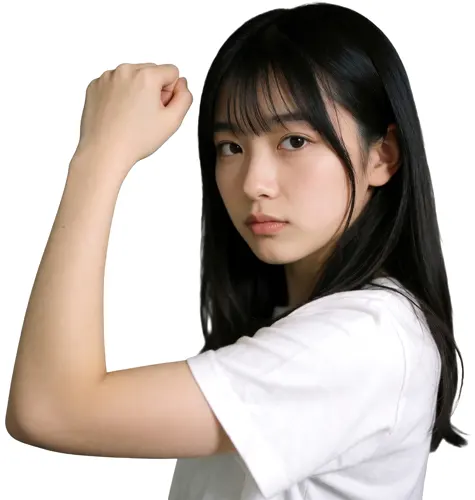 フリーAI画像, CC0 AI画像, 写真（AI画像）, 人物（AI画像）, 女性（AI画像）, アジア人女性, 若い女性, ポートレイト, Tシャツ姿, ガッツポーズ, 拳を握る, 白背景