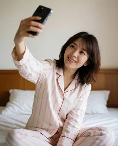 AI画像 パジャマ姿で自撮りするアジア人女性