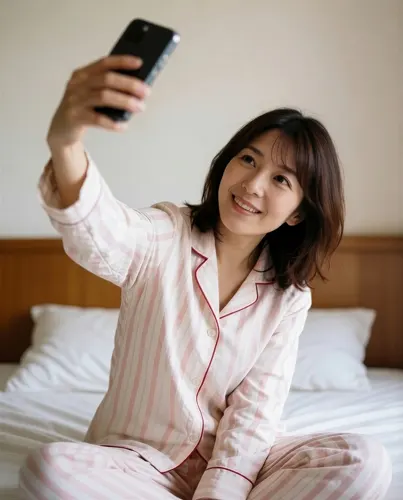 フリーAI画像, CC0 AI画像, 写真（AI画像）, 人物（AI画像）, 女性（AI画像）, アジア人女性, ポートレイト, ベッドに座る, あぐらをかく, パジャマ姿, スマートフォン（スマホ）, 写真撮影, 自撮り