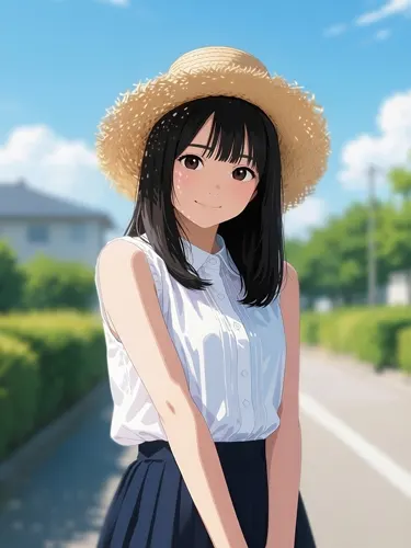 フリーAI画像, CC0 AI画像, イラスト（AI画像）, 人物（AI画像）, 少女（AI画像）, 夏（AI画像）, 帽子姿, 麦わら帽子, ブラウス姿