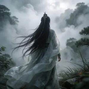 AI画像 雲がかかる山と古代中国人男性の後ろ姿