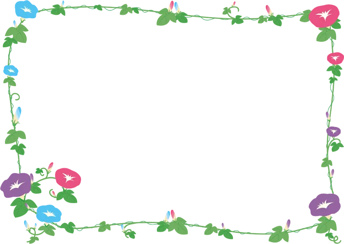 フリーイラスト, CC0 イラスト, ベクター, EPS, 背景（イラスト）, 枠（フレーム）, フレーム（横）, フレーム（囲み）, 植物（イラスト）, 花（イラスト）, 朝顔（アサガオ）, 夏（イラスト）
