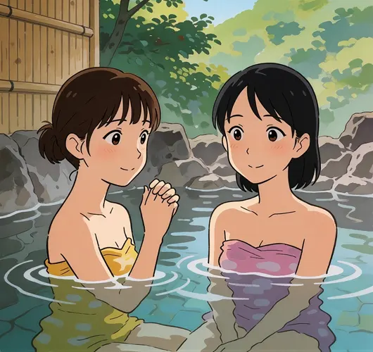 フリーAI画像, CC0 AI画像, イラスト（AI画像）, 人物（AI画像）, 女性（AI画像）, 入浴, 温泉, お風呂, 露天風呂, 二人