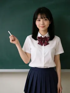 AI画像 チョークを持って黒板の前に立つ女子学生