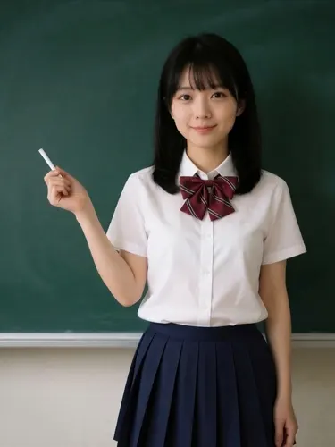 フリーAI画像, CC0 AI画像, 写真（AI画像）, 人物（AI画像）, 少女（AI画像）, アジアの少女, ポートレイト, 学生（生徒）, 学生服, 高校生, 中学生, スクールブラウス, 黒板, チョーク