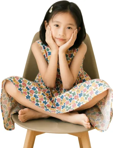 フリーAI画像, CC0 AI画像, 写真（AI画像）, 人物（AI画像）, 子供（AI画像）, 女の子, アジアの女の子, ポートレイト, 頬に手を当てる, 椅子に座る, あぐらをかく, 白背景
