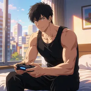 AI画像 ベッドに座ってテレビゲームをしている若い男性