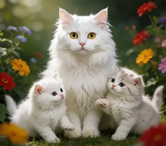 フリーAI画像, CC0 AI画像, 写真（AI画像）, 動物（AI画像）, 哺乳類, 猫（ネコ）, 白猫, 親子（動物）, 子猫
