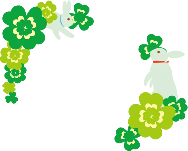 フリーイラスト, CC0 イラスト, ベクター, EPS, 背景（イラスト）, 枠（フレーム）, フレーム（横）, フレーム（対角）, 植物（イラスト）, クローバー, 四つ葉のクローバー, 兎（ウサギ）