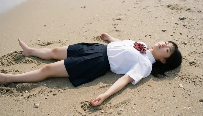 フリーAI画像, CC0 AI画像, 写真（AI画像）, 人物（AI画像）, 少女（AI画像）, アジアの少女, ポートレイト, 学生（生徒）, 学生服, 高校生, 中学生, スクールブラウス, 仰向け, 寝転ぶ, 目を閉じる