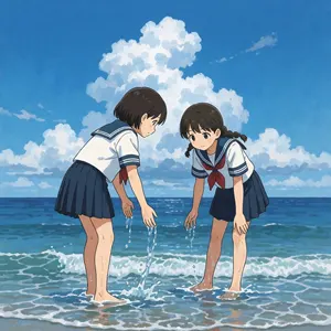 AI画像 海の浅瀬で遊ぶ二人の女子学生
