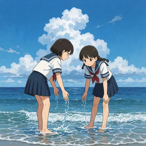 フリーAI画像, CC0 AI画像, イラスト（AI画像）, 人物（AI画像）, 少女（AI画像）, 学生（生徒）, 学生服, 中学生, セーラー服, 海, 夏（AI画像）, 二人