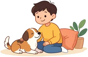 AI画像 愛犬を撫でる少年