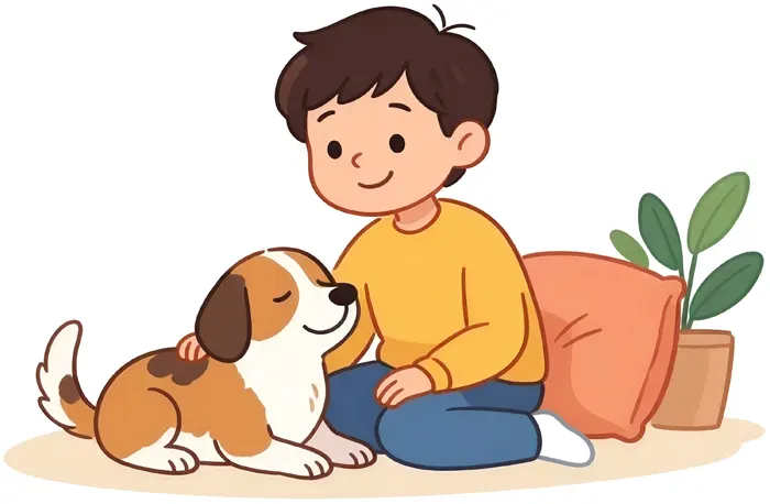 フリーAI画像, CC0 AI画像, イラスト（AI画像）, 人物（AI画像）, 少年（AI画像）, 人と動物, 犬（イヌ）, 床に座る