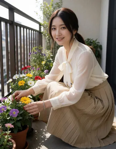 フリーAI画像, CC0 AI画像, 写真（AI画像）, 人物（AI画像）, 女性（AI画像）, アジア人女性, 若い女性, ポートレイト, 人と花, 植木鉢, ベランダ（バルコニー）, ブラウス姿, スカート姿, しゃがむ