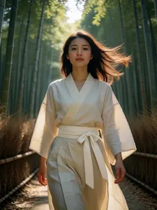 AI画像 白装束を着て竹林を歩くアジア人女性