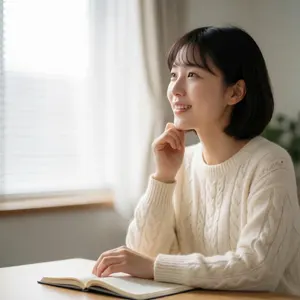 AI画像 本を読んで考えるアジア人女性