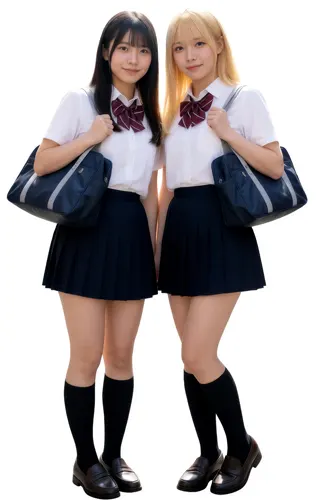 フリーAI画像, CC0 AI画像, 写真（AI画像）, 人物（AI画像）, 少女（AI画像）, アジアの少女, ポートレイト, 学生（生徒）, 学生服, 高校生, 金髪（ブロンドヘア）, 二人, 全身（AI画像）, スクールブラウス, 通学鞄