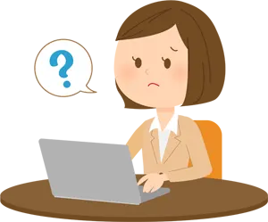 フリーイラスト パソコンの前で分からない表情の女性会写真