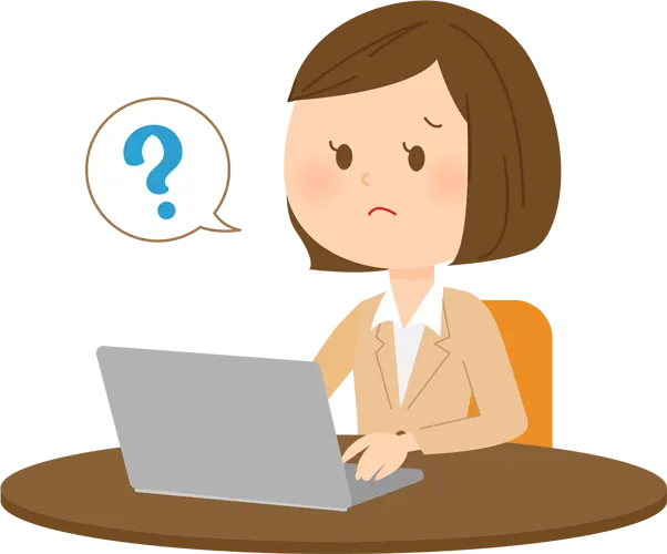 フリーイラスト, CC0 イラスト, ベクター, AI, 人物（イラスト）, 女性（イラスト）, 女性社員（65）, 仕事, 職業, ビジネス, ビジネスウーマン, オフィスレディ（OL）, レディーススーツ, パソコン, ノートパソコン, 疑問, 分からない, はてなマーク, クエスチョンマーク