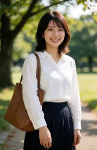 AI画像 ブラウスとスカート姿で公園に立つ女子学生