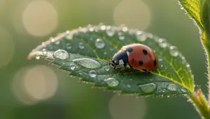 AI画像 水滴がついた葉っぱの上のてんとう虫