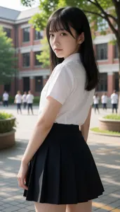 AI画像 学校の中庭で振り返る女子学生
