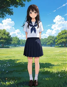 AI画像 公園の芝生の上に立つ女性学生の全身姿