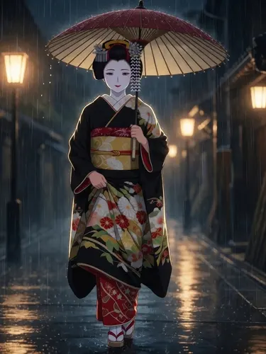 フリーAI画像, CC0 AI画像, イラスト（AI画像）, 人物（AI画像）, 女性（AI画像）, 日本人, 芸者（芸妓）, 和服姿, 着物, 雨, 雨傘, 歩く, 夜